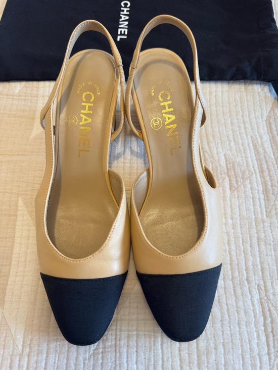 CHANEL Shoes - Chanel Goatskin Grosgrain Cap Toe Sling back Heel Two Tone Beige Black Sz 37